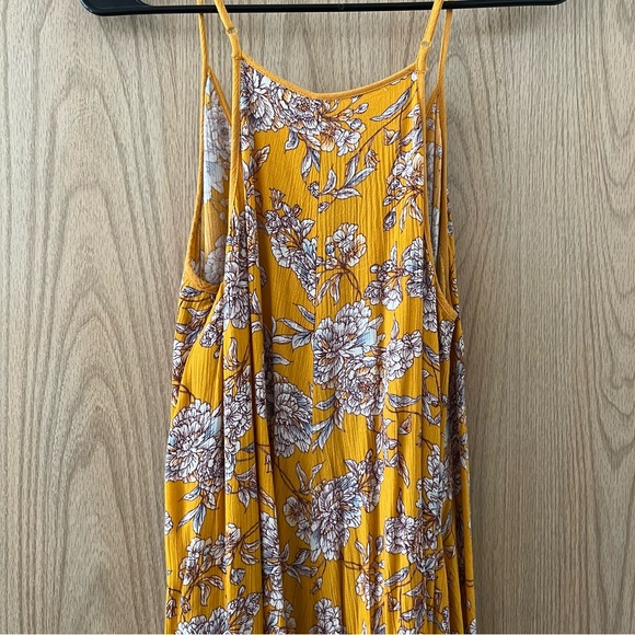 Xhilaration Mustard Yellow Floral Button Up Spaghetti Strap Dress with Pockets - Picture 3 of 9